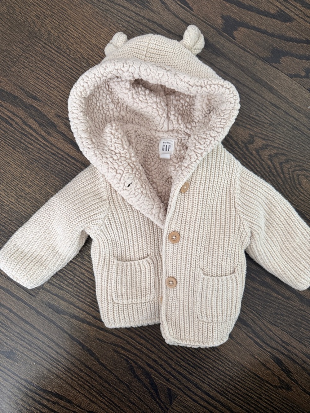 GAP Cream Knit Hooded Baby Cardigan with Sherpa Lining